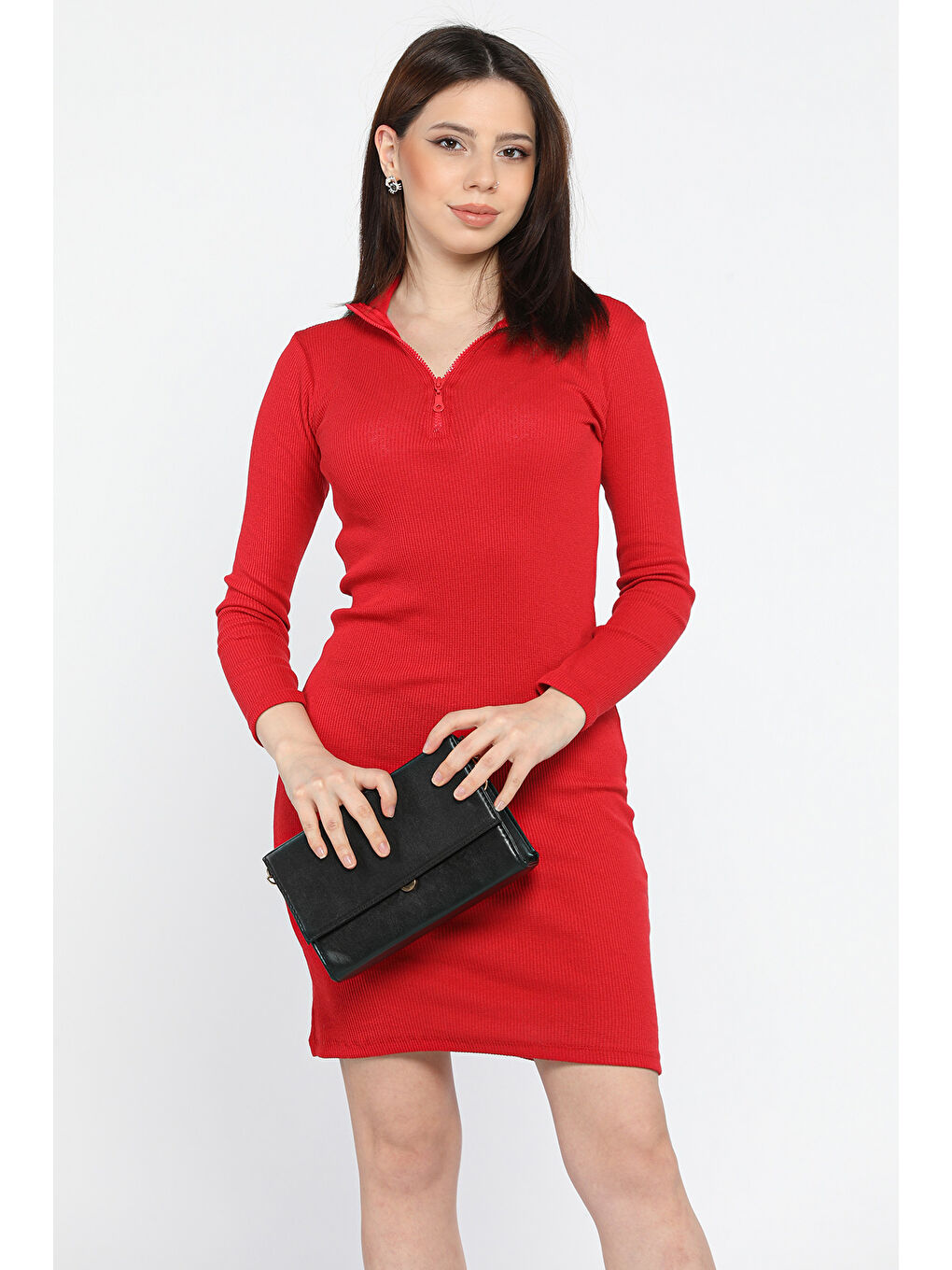 Kırmızı Yarım Fermuarlı Elastanlı Kadın Elbise-1