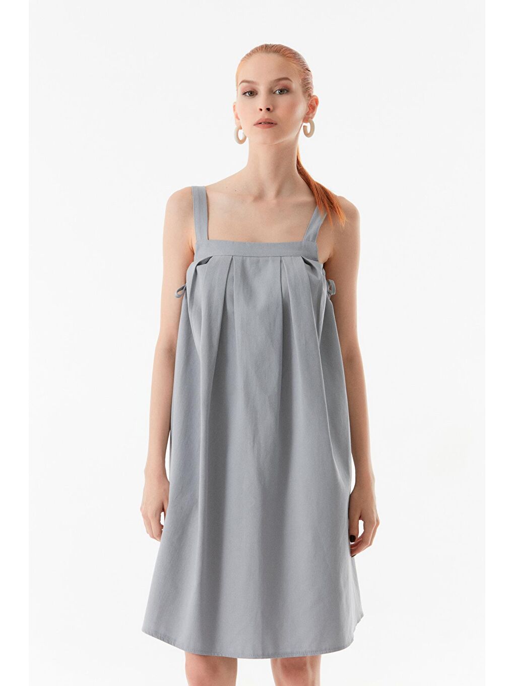 Gri Yanı Bağlamalı Gabardin Elbise-1