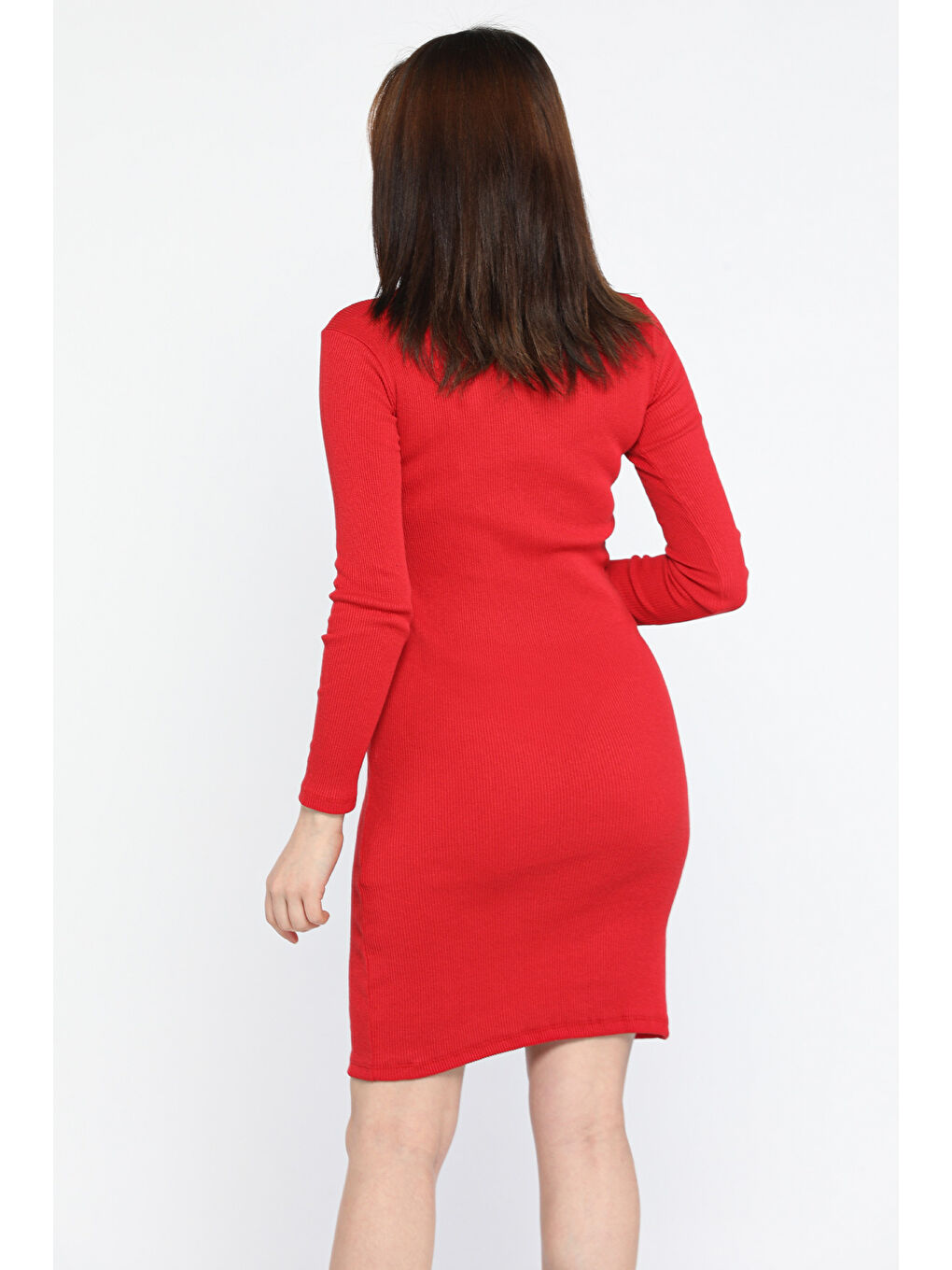Kırmızı Yarım Fermuarlı Elastanlı Kadın Elbise-2
