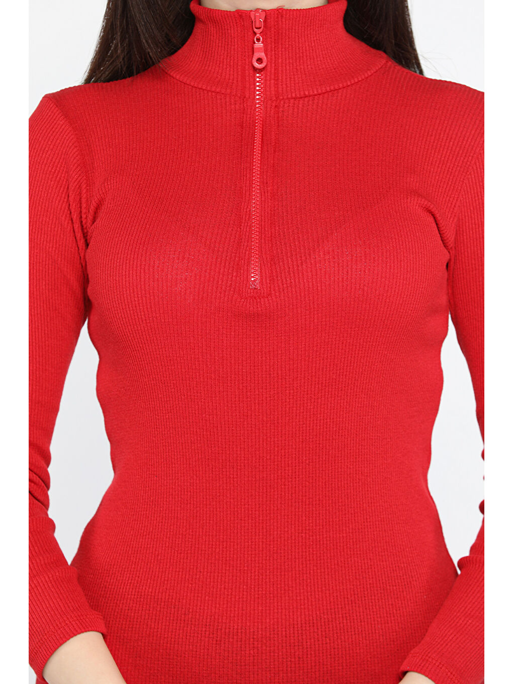 Kırmızı Yarım Fermuarlı Elastanlı Kadın Elbise-3