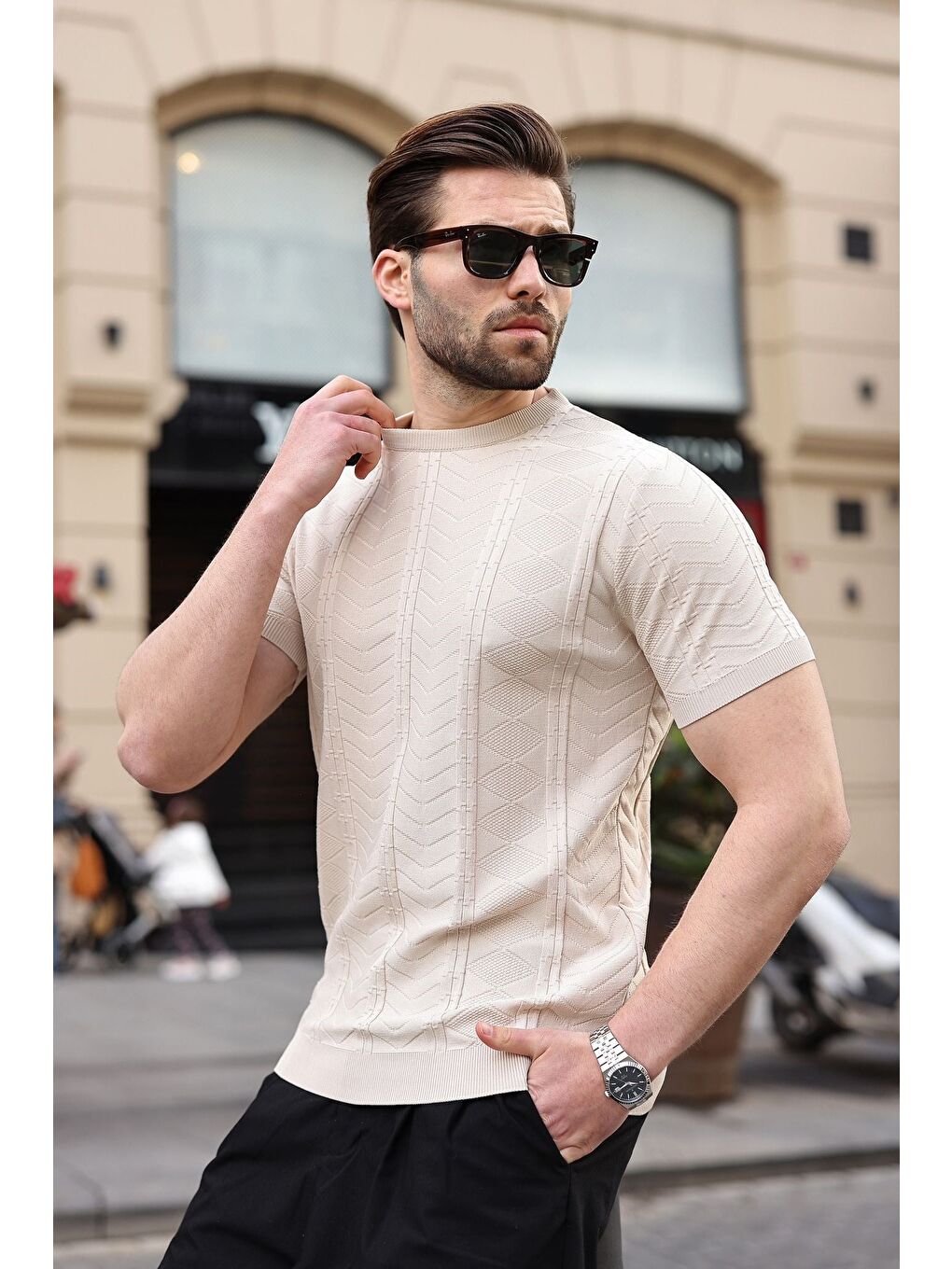 Bej Taş Rengi Bisiklet Yaka Slim Fit Triko Erkek Tişört E7466