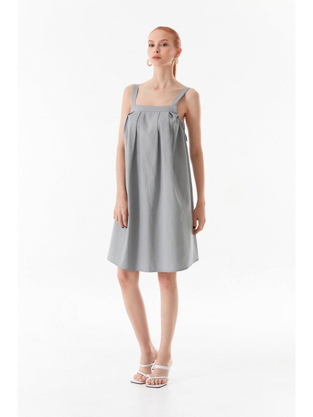 Gri Yanı Bağlamalı Gabardin Elbise-2