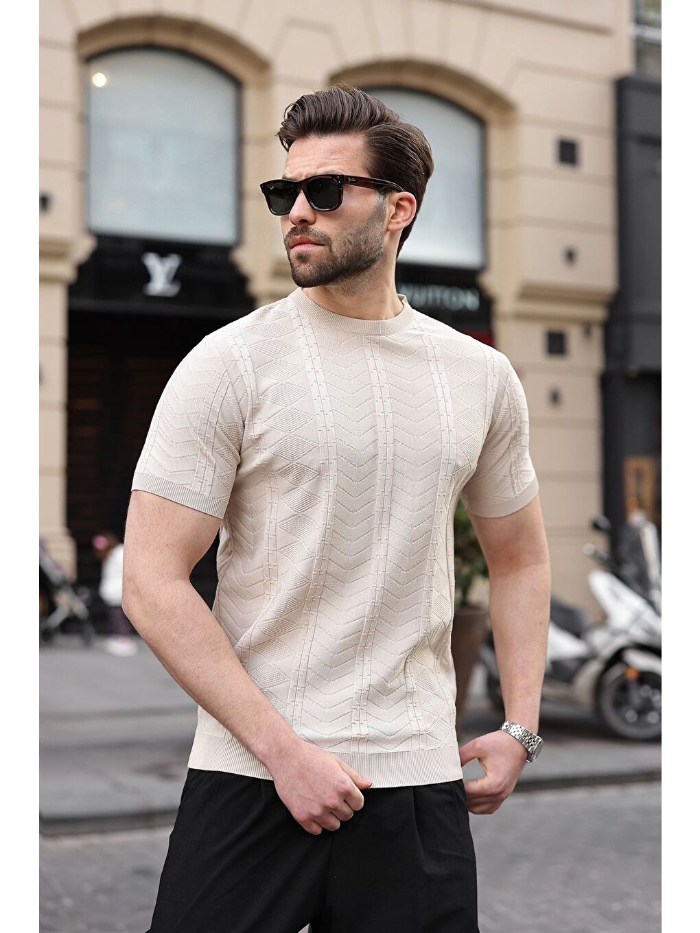 Bej Taş Rengi Bisiklet Yaka Slim Fit Triko Erkek Tişört E7466-1