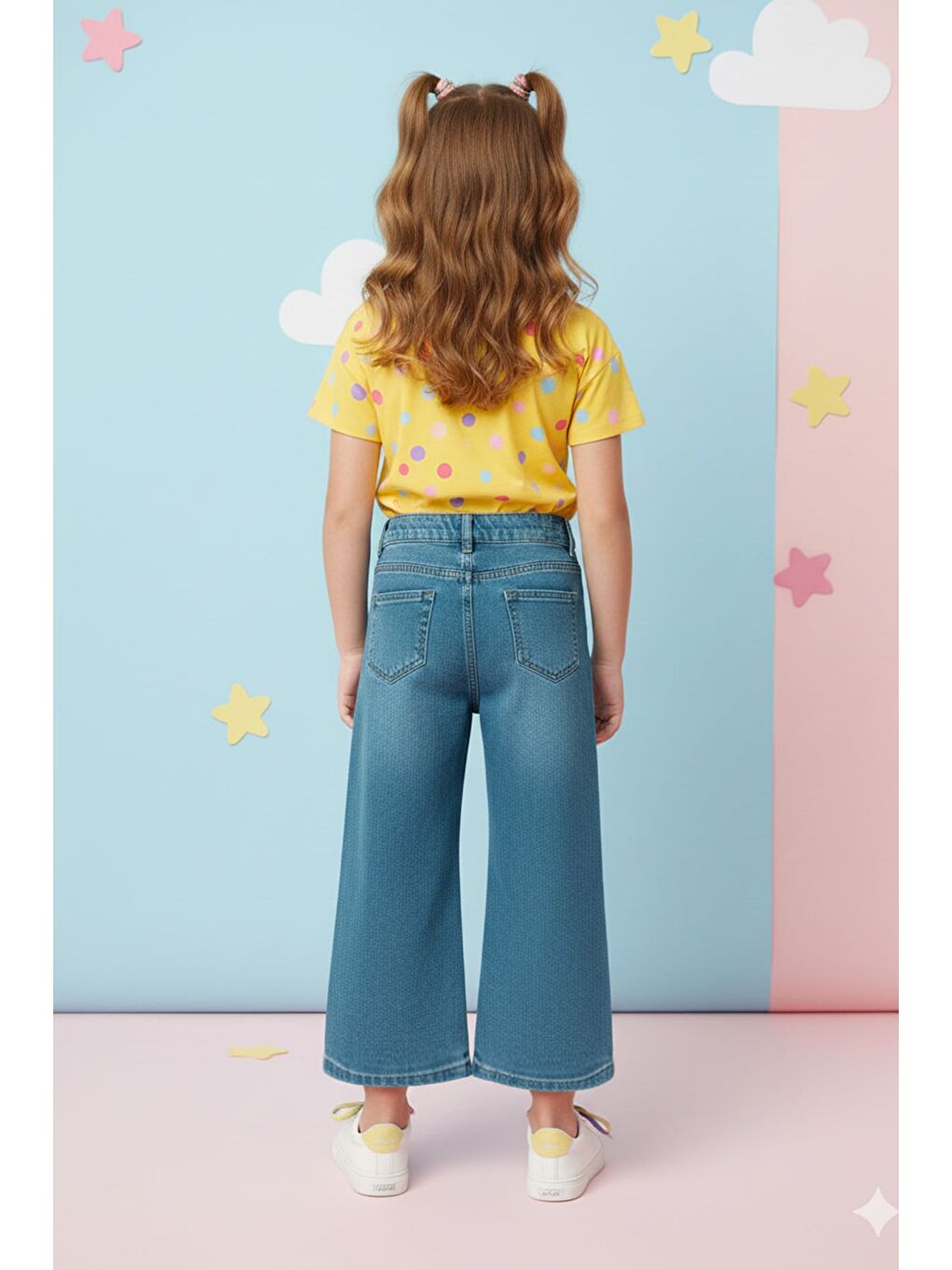 Siyah Yıldız Nakışlı Palazzo Kız Çocuk Pantolon-1