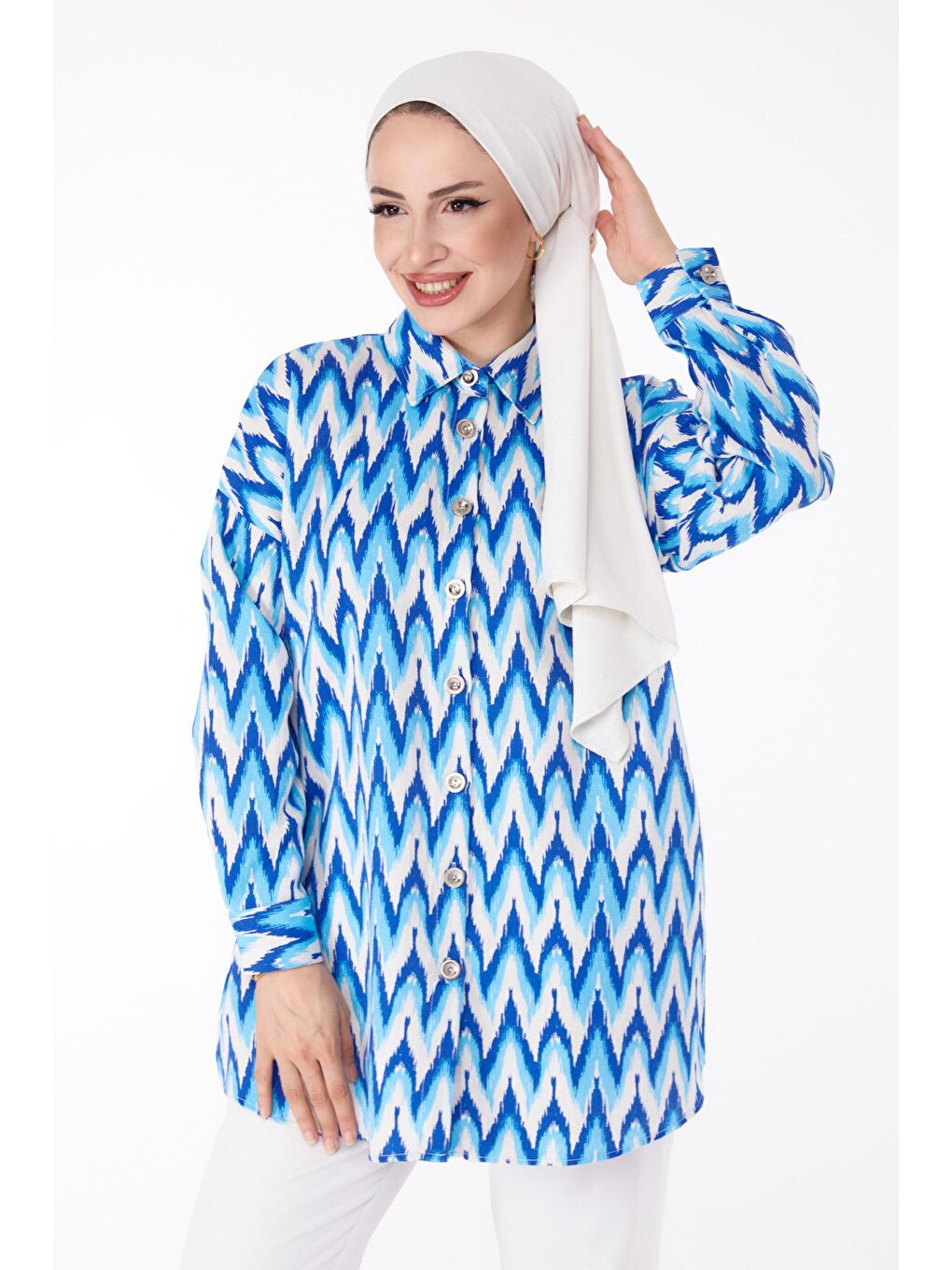 Gömlek Yaka Kadın Mavi Desenli Gömlek - 25616-1