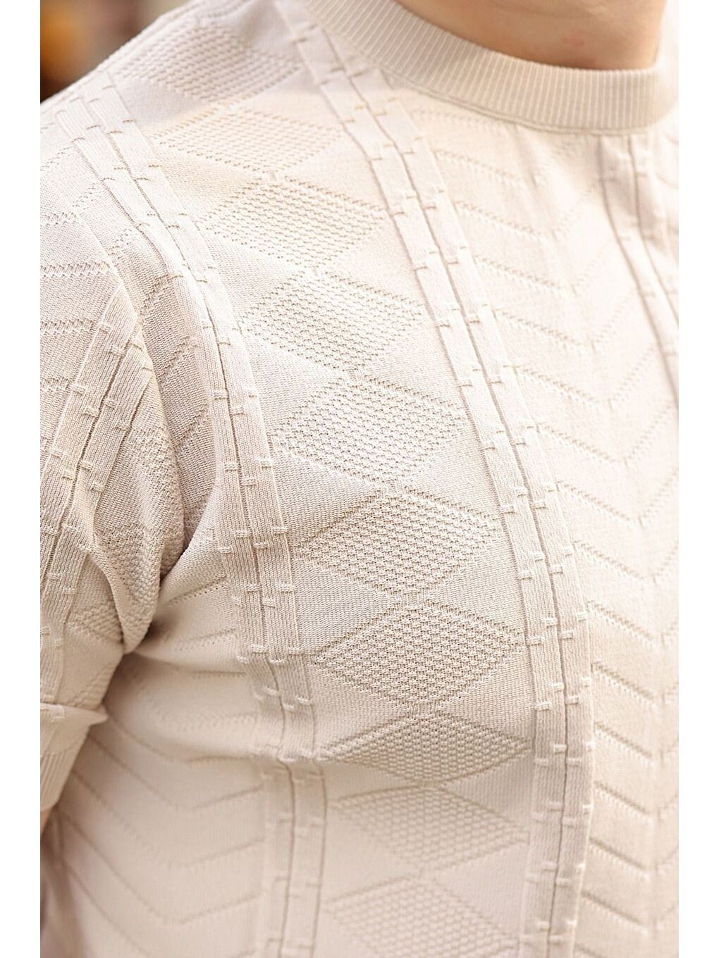 Bej Taş Rengi Bisiklet Yaka Slim Fit Triko Erkek Tişört E7466-2