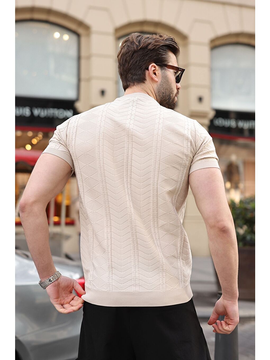 Bej Taş Rengi Bisiklet Yaka Slim Fit Triko Erkek Tişört E7466-3