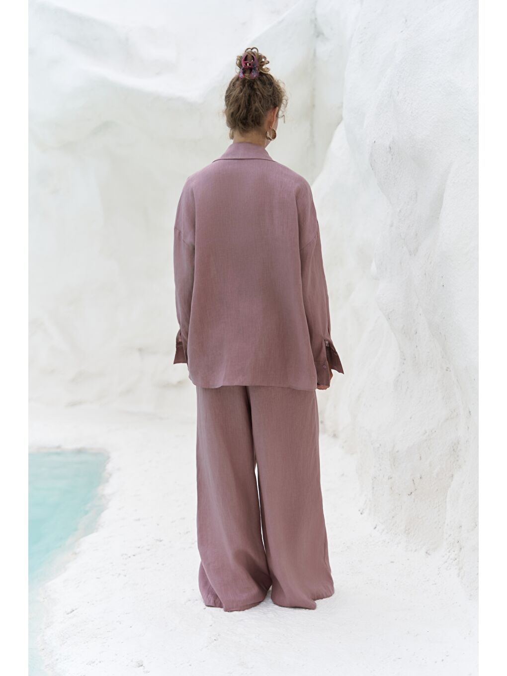 Jelsomina Oversize Açık Bordo Keten Gömlek Pantolon Takım-1