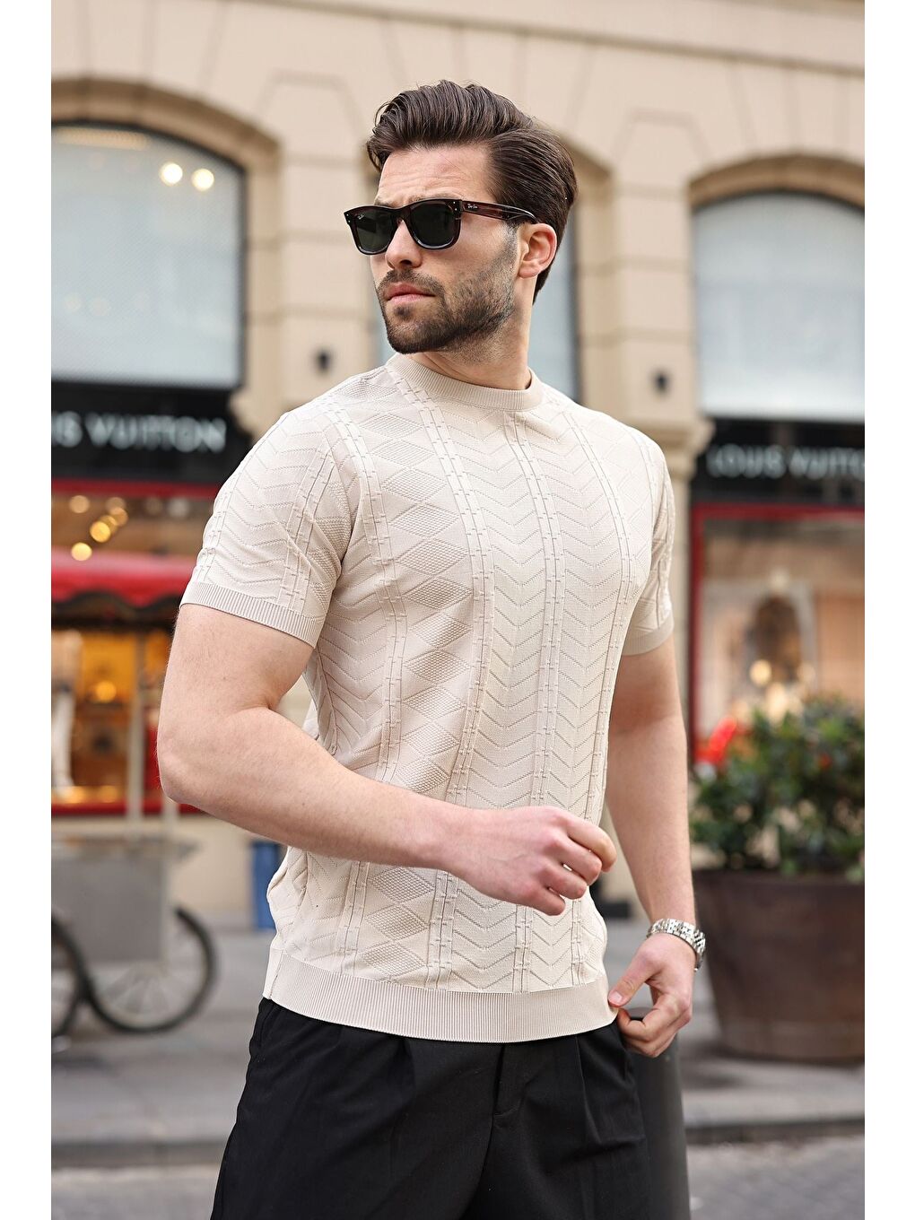 Bej Taş Rengi Bisiklet Yaka Slim Fit Triko Erkek Tişört E7466-4