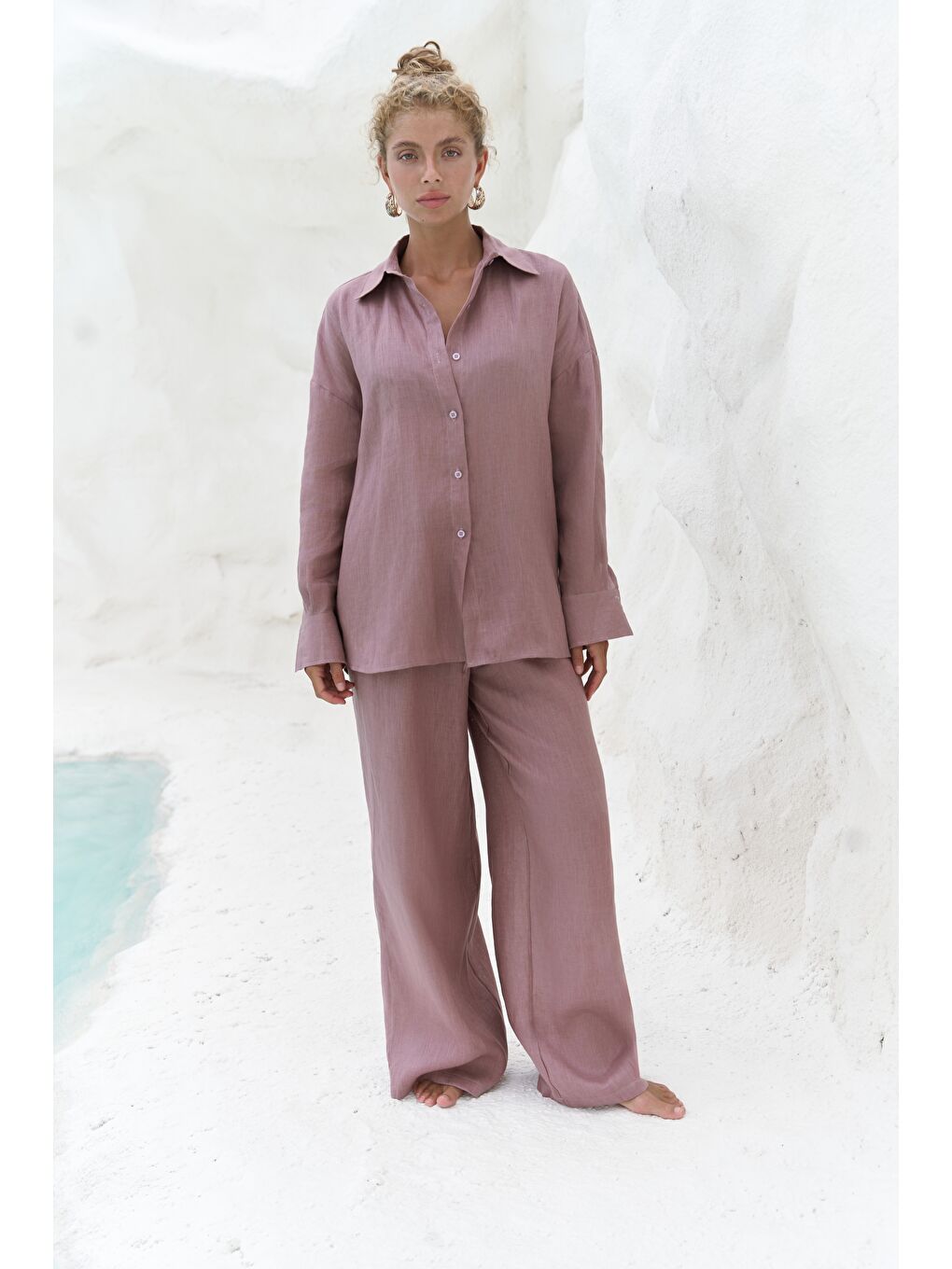 Jelsomina Oversize Açık Bordo Keten Gömlek Pantolon Takım-2