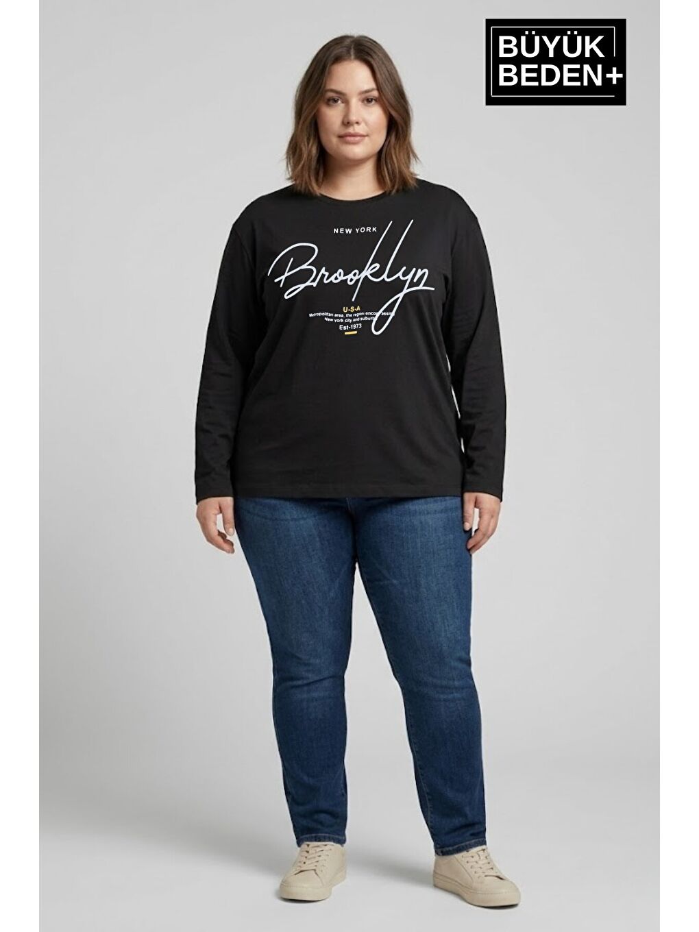 Siyah Kadın Büyük Beden El Yazılı Brooklyn Baskılı 2 İplik Bisiklet Yaka Tişört SPR26BTSK942-6