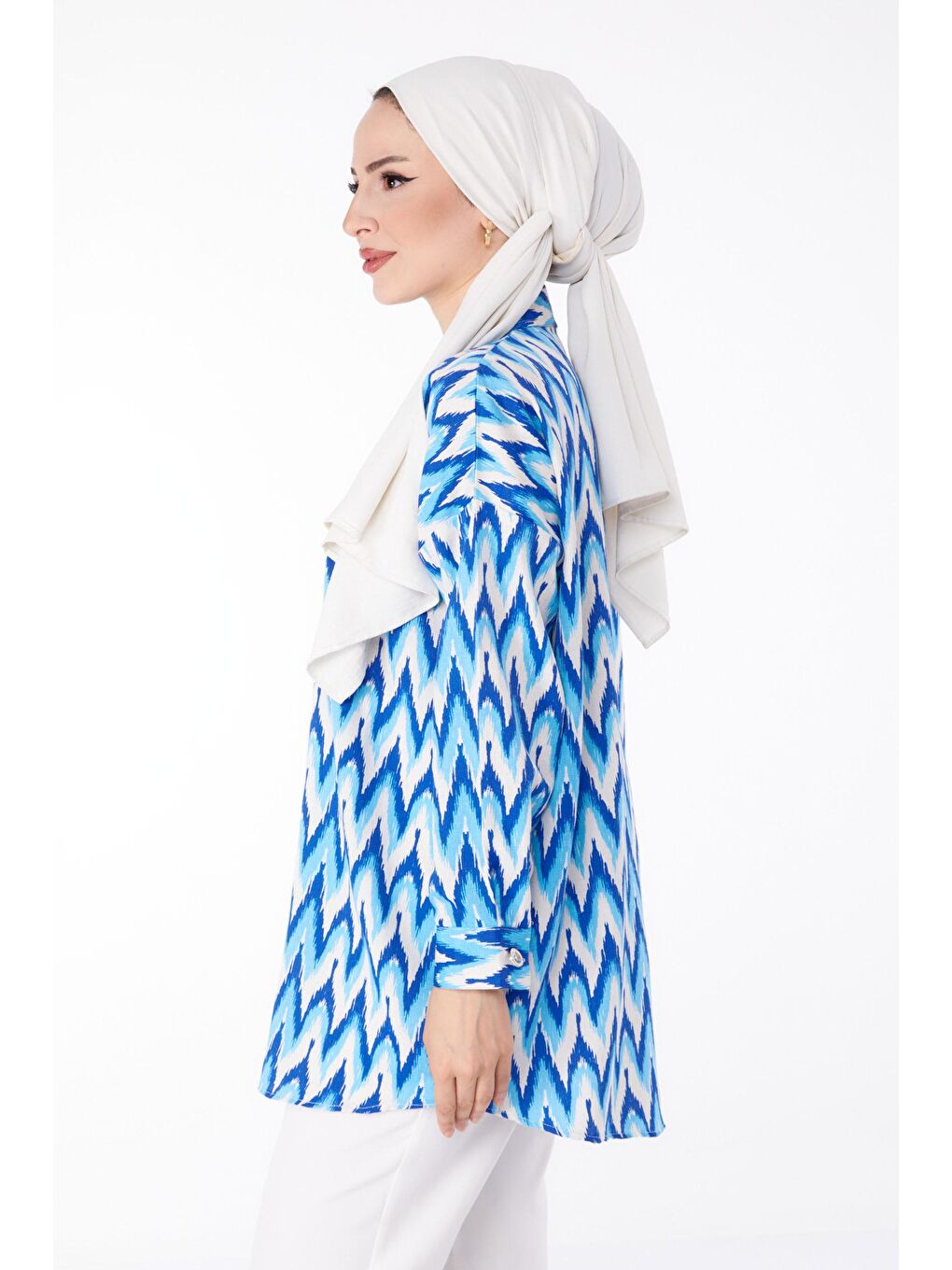 Gömlek Yaka Kadın Mavi Desenli Gömlek - 25616-2