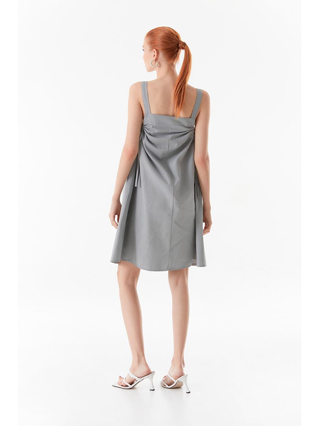 Gri Yanı Bağlamalı Gabardin Elbise-3