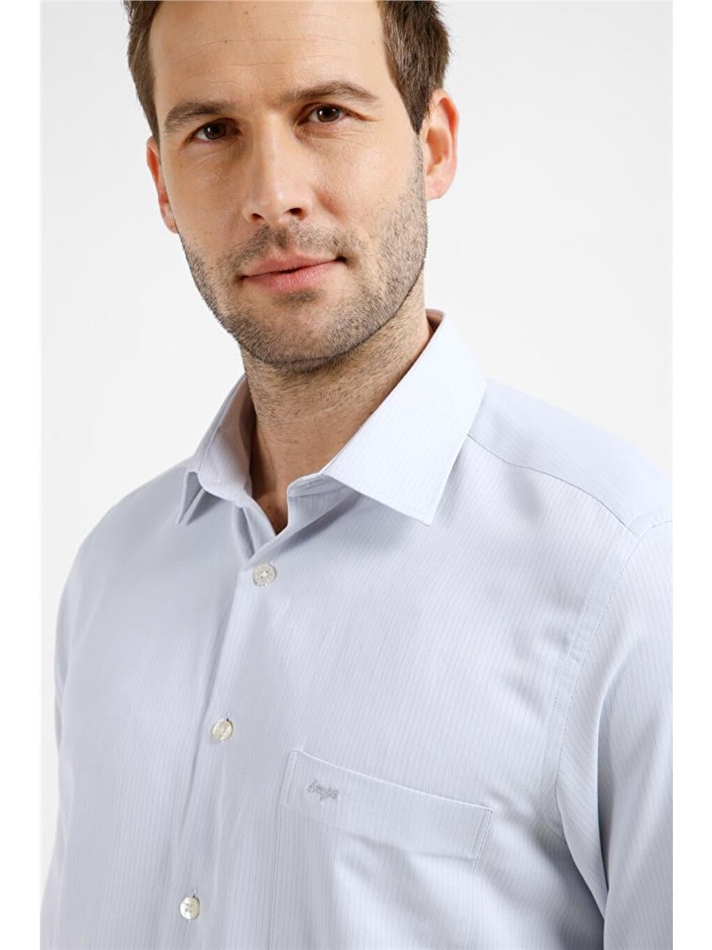 Gri Çizgili Desen Sert Yaka Uzun Kol Cepli Comfort Fit Pamuklu Gömlek 1004255268-1