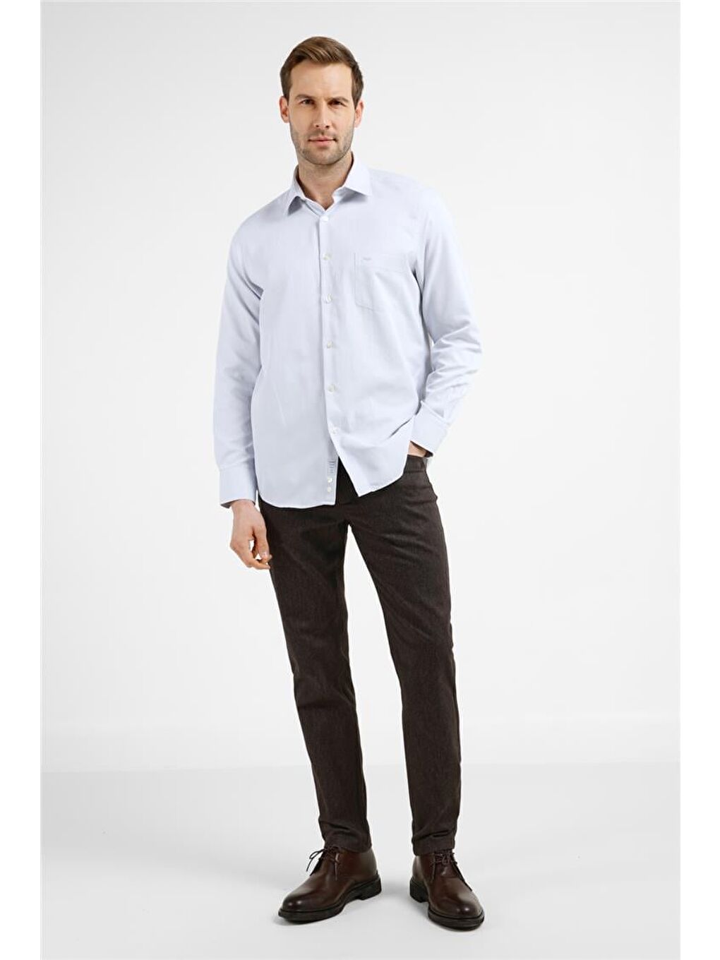 Gri Çizgili Desen Sert Yaka Uzun Kol Cepli Comfort Fit Pamuklu Gömlek 1004255268-3