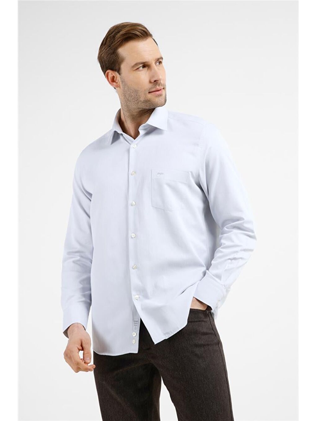 Gri Çizgili Desen Sert Yaka Uzun Kol Cepli Comfort Fit Pamuklu Gömlek 1004255268-4