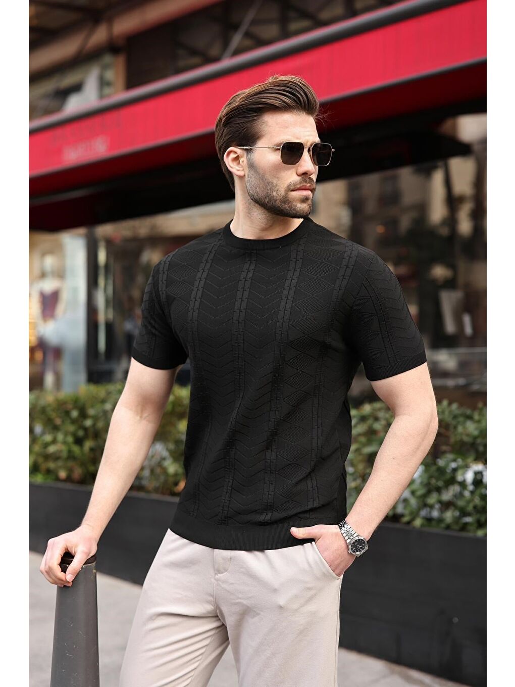 Siyah Bisiklet Yaka Slim Fit Triko Erkek Tişört E7466