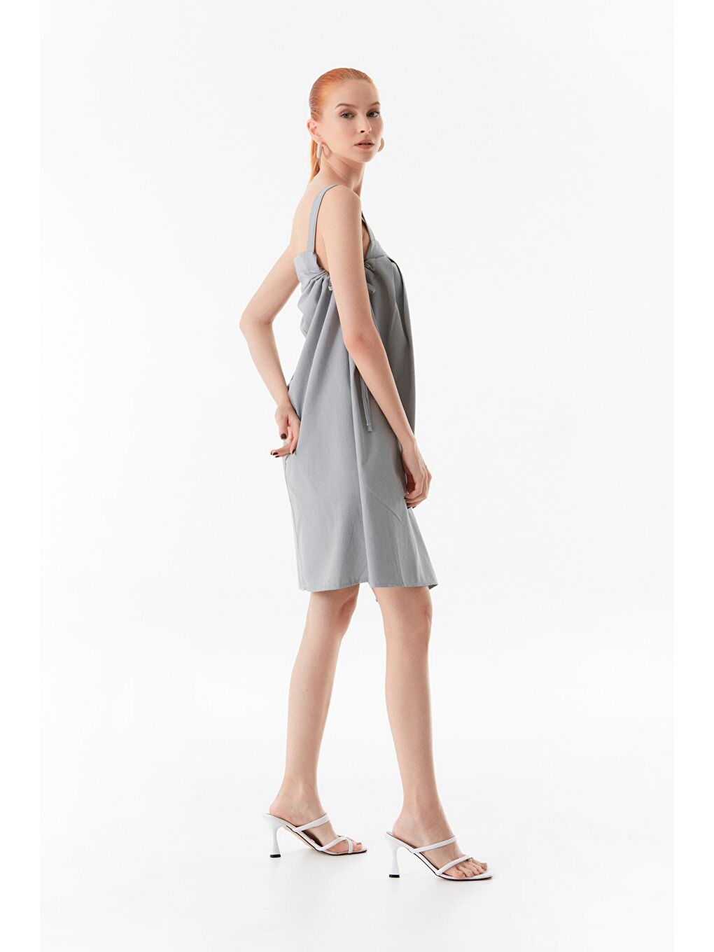 Gri Yanı Bağlamalı Gabardin Elbise-4