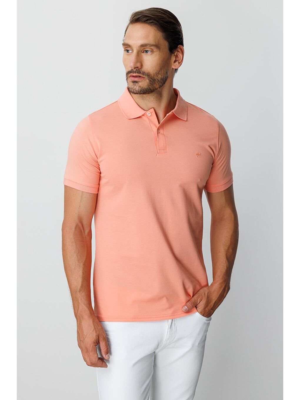 Turuncu Yavruağzı Modern Fit Dar Kalıp Polo Yaka Düz Kısa Kollu Pamuklu Tişört-1