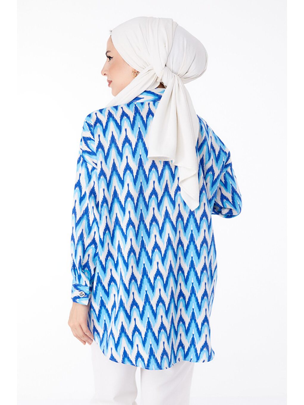 Gömlek Yaka Kadın Mavi Desenli Gömlek - 25616-3