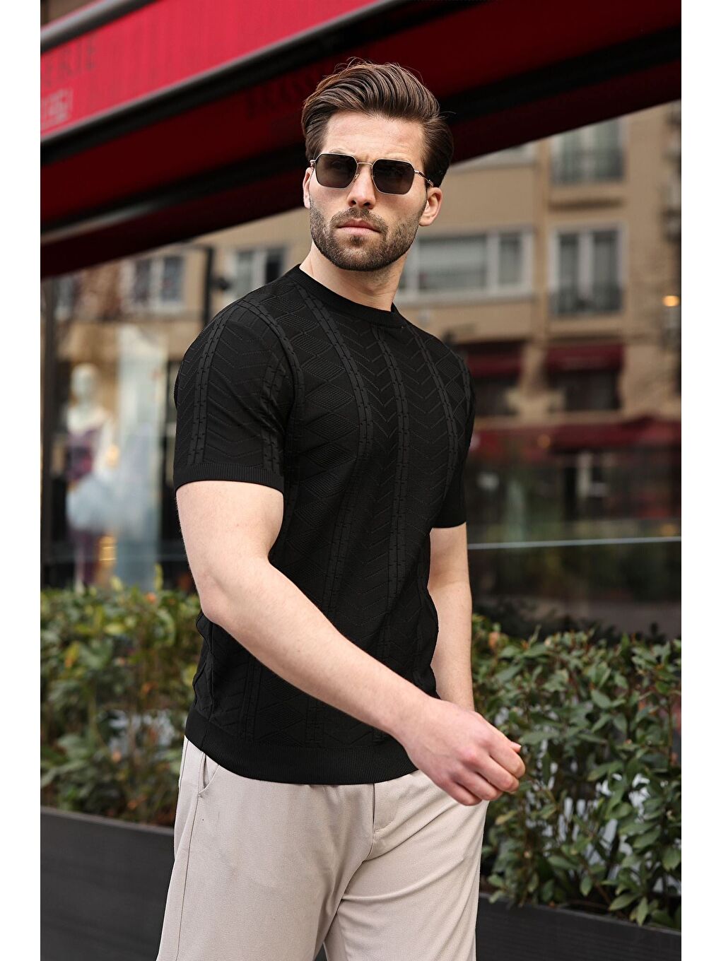 Siyah Bisiklet Yaka Slim Fit Triko Erkek Tişört E7466-1