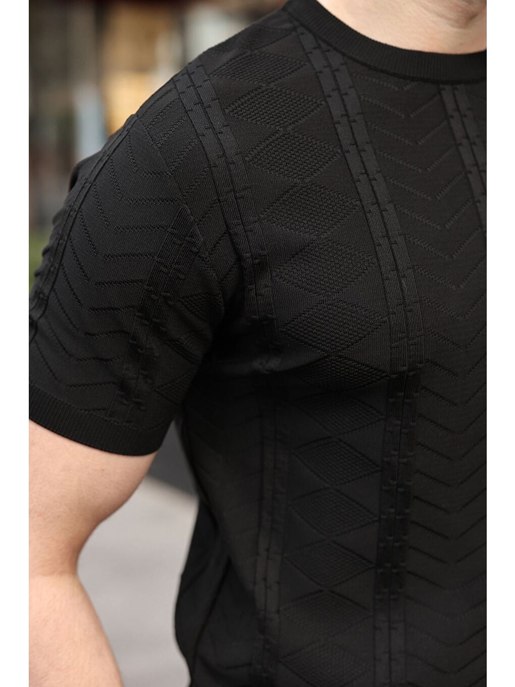 Siyah Bisiklet Yaka Slim Fit Triko Erkek Tişört E7466-2