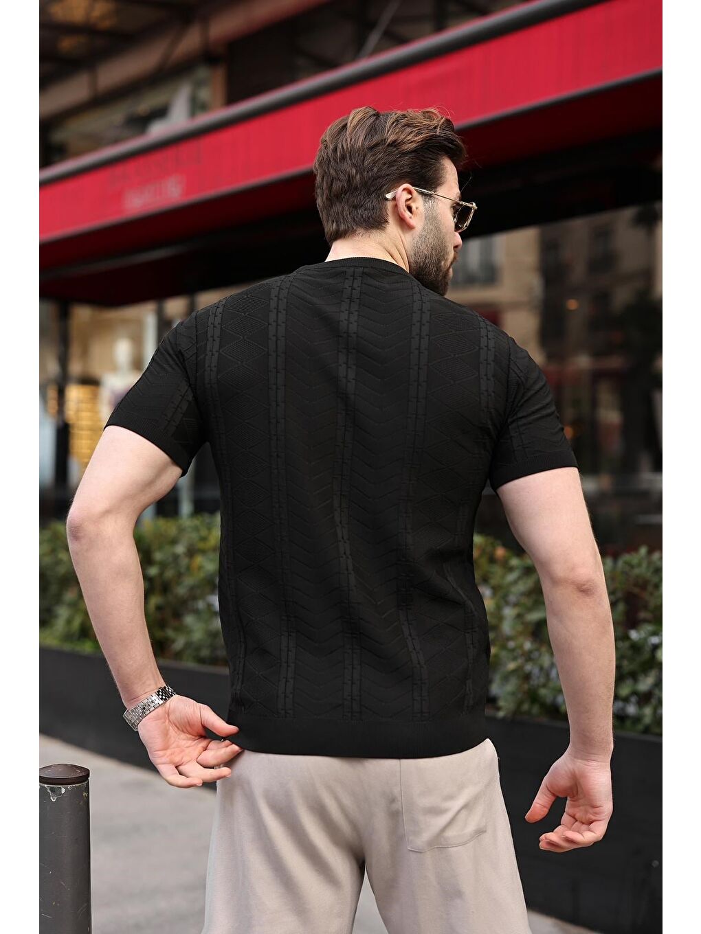 Siyah Bisiklet Yaka Slim Fit Triko Erkek Tişört E7466-3