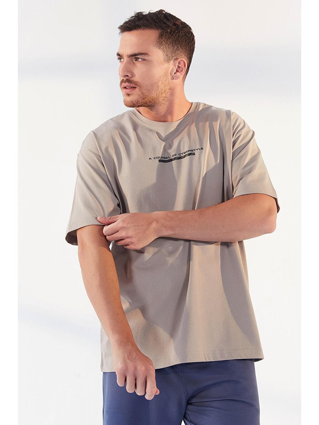 TOMMYLIFE Koyu Bej Yazı Baskılı O Yaka Erkek Oversize T-Shirt - 87984 - 2