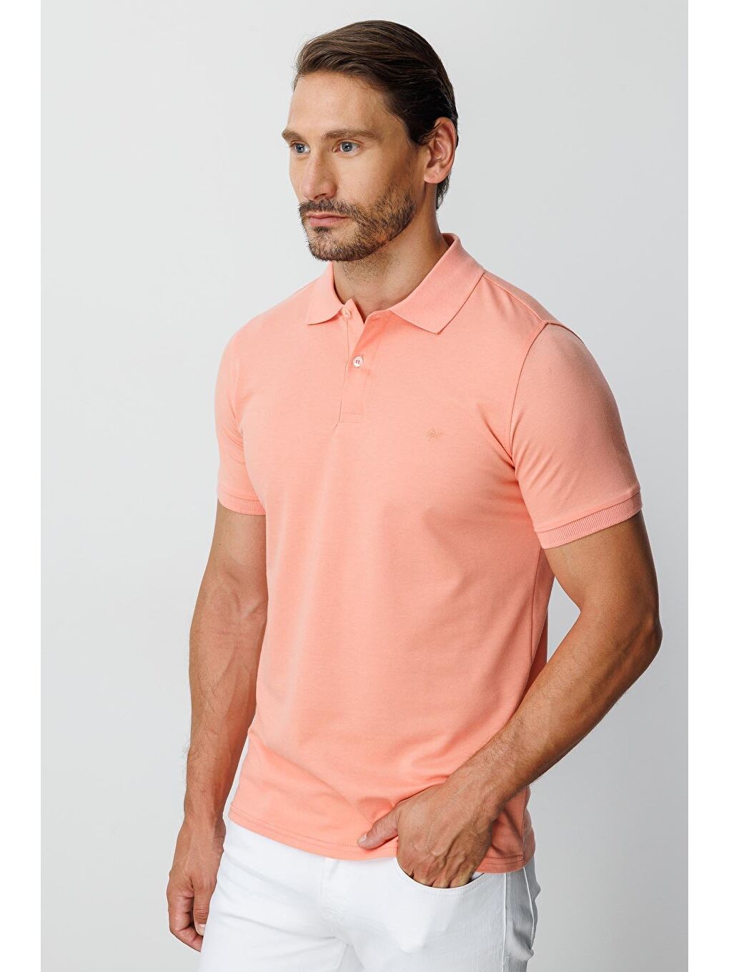 Turuncu Yavruağzı Modern Fit Dar Kalıp Polo Yaka Düz Kısa Kollu Pamuklu Tişört-2