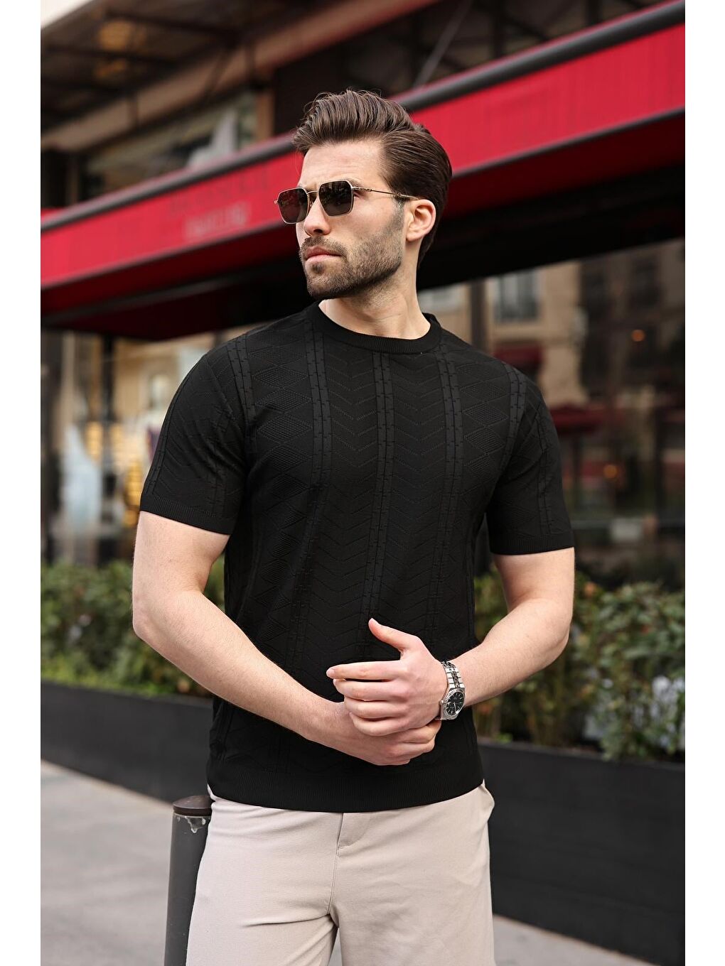 Siyah Bisiklet Yaka Slim Fit Triko Erkek Tişört E7466-4