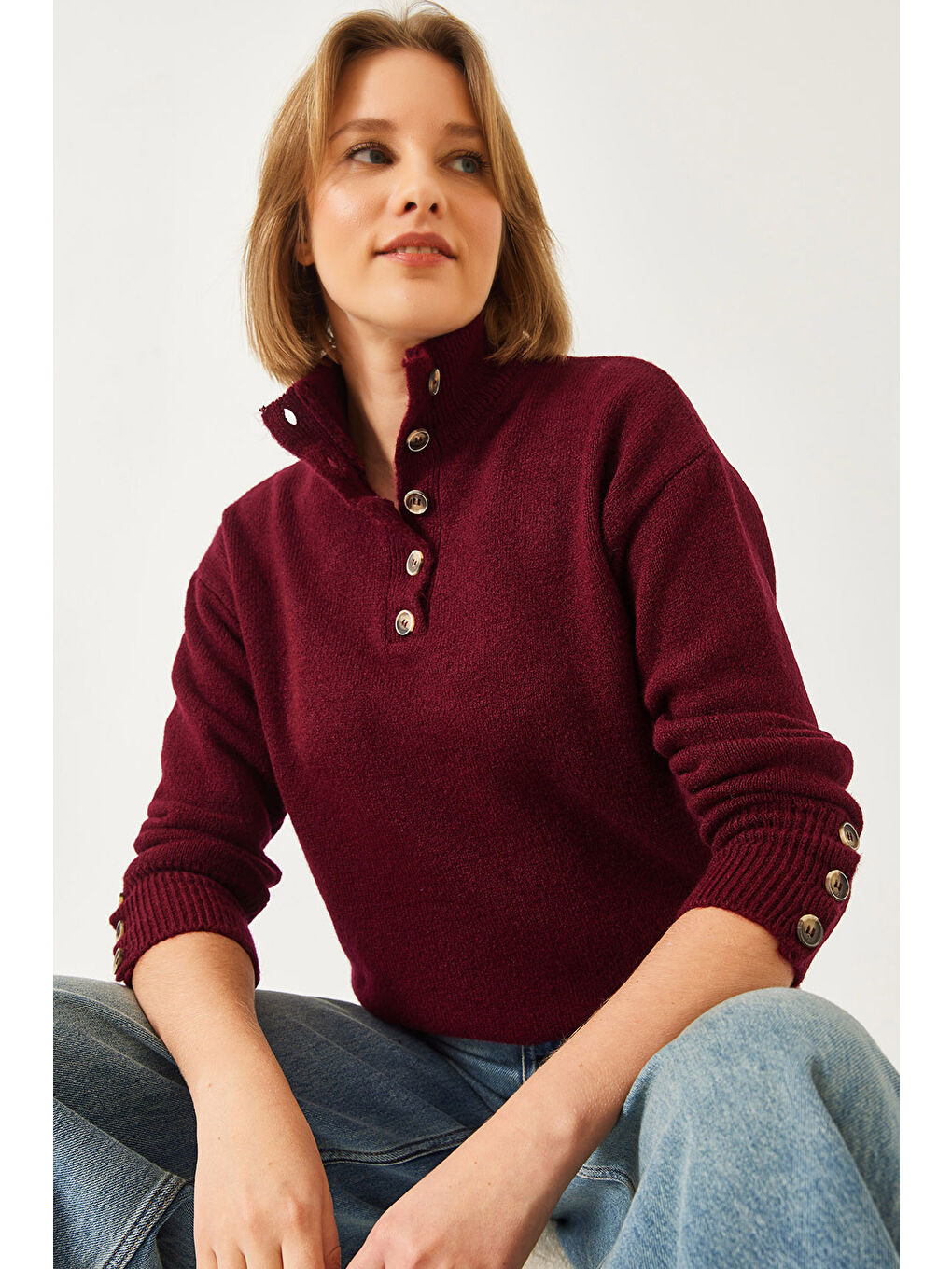 Bordo Kadın Kolu Patlı Triko Kazak