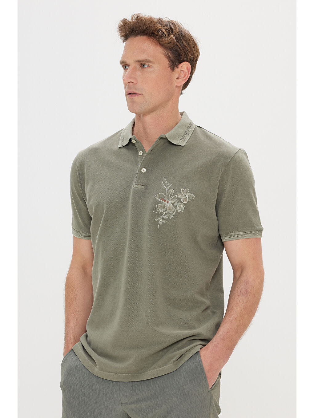 Erkek Haki Slim Fit Dar Kesim %100 Pamuk Baskılı Polo Yaka Tişört-2