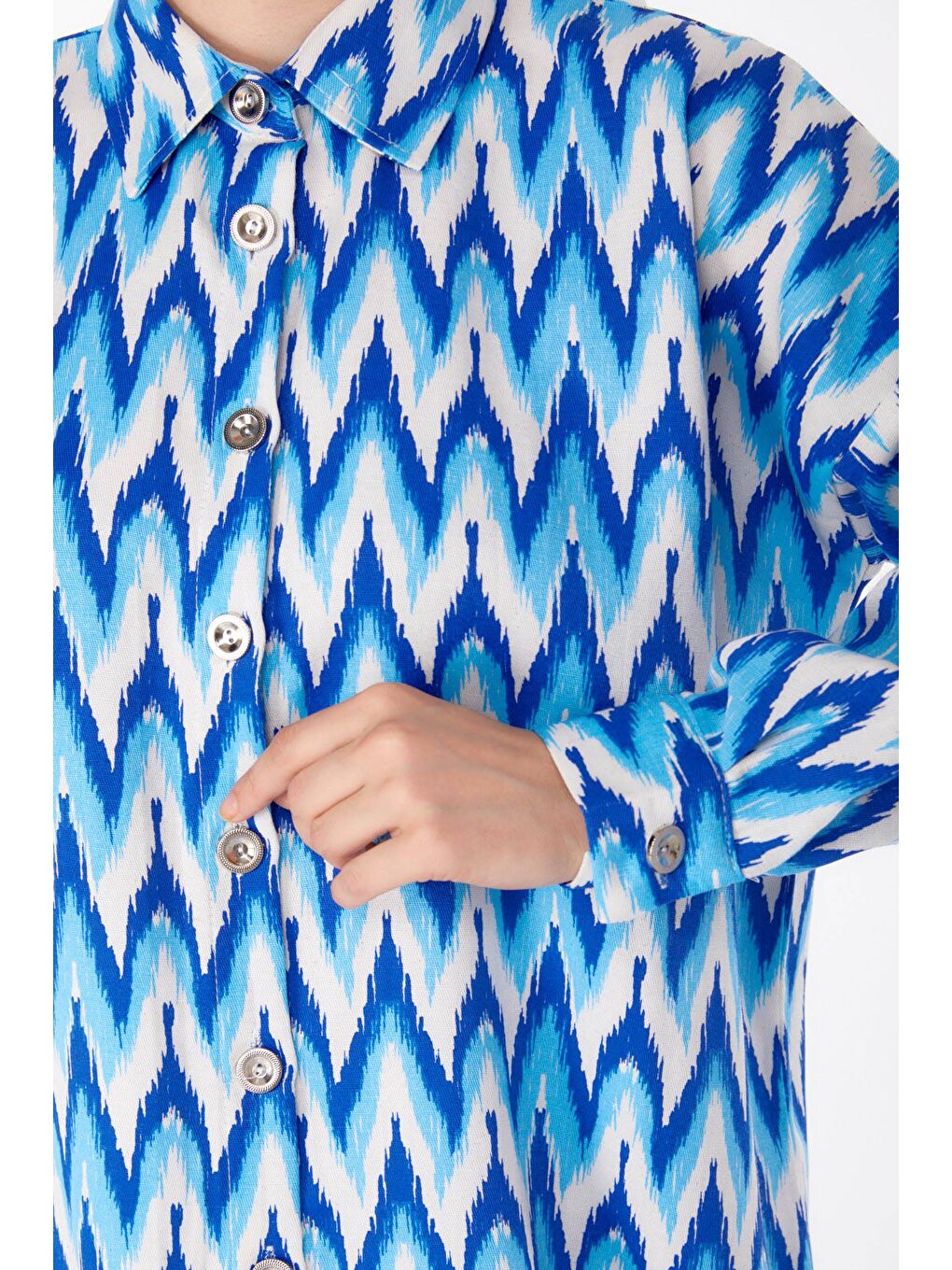 Gömlek Yaka Kadın Mavi Desenli Gömlek - 25616-4