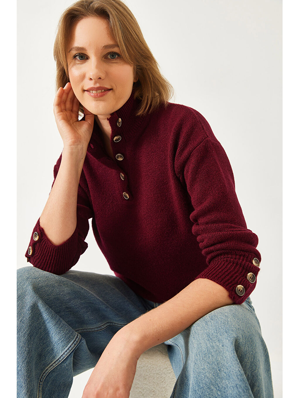 Bordo Kadın Kolu Patlı Triko Kazak-1