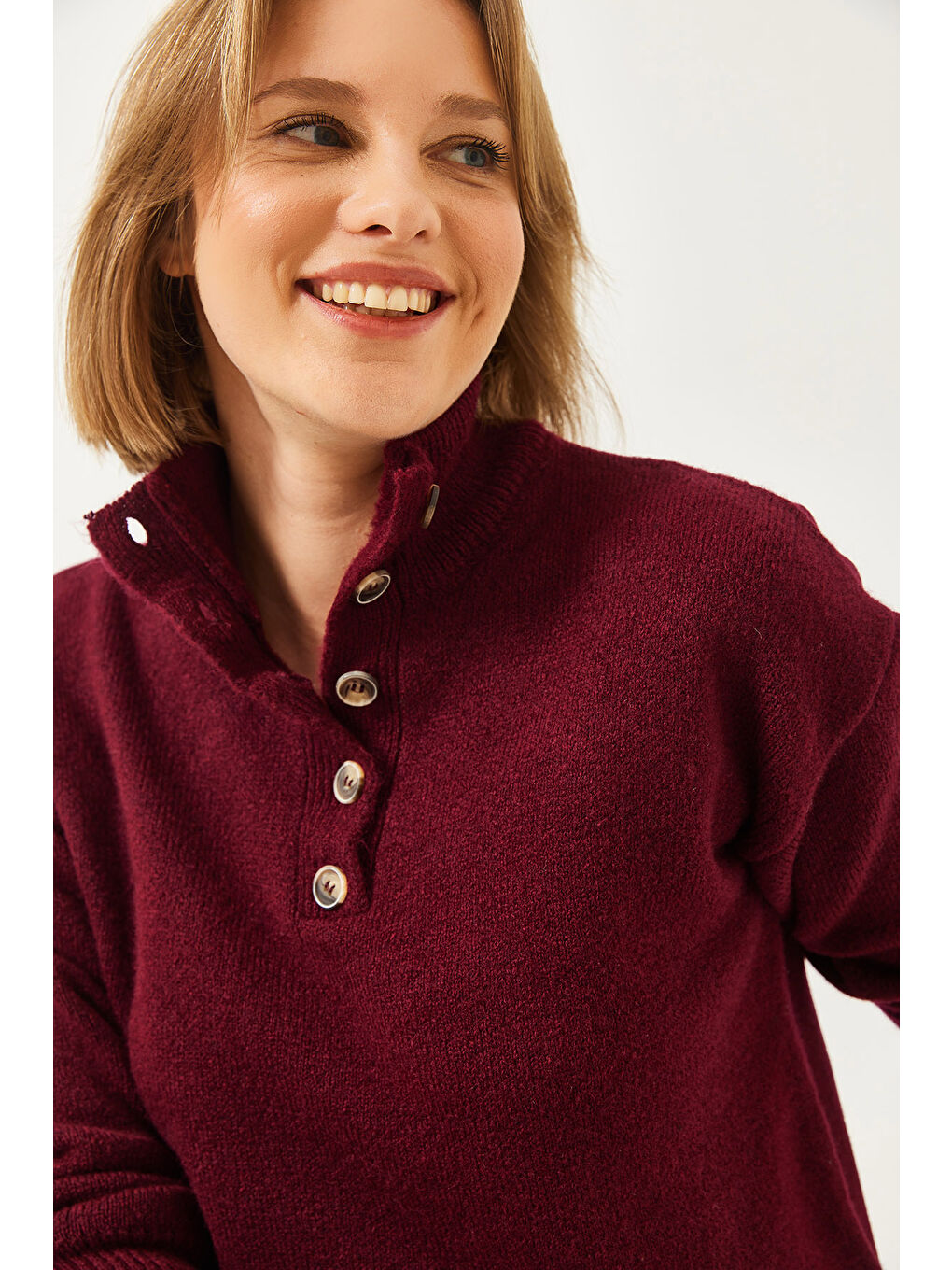 Bordo Kadın Kolu Patlı Triko Kazak-2