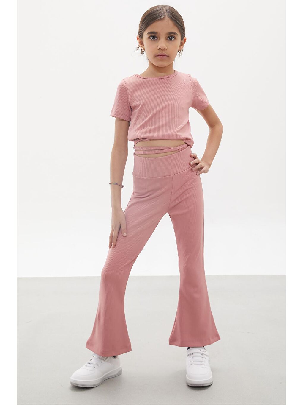 Pembe İspanyol Paça Taytlı Bel Bağlamalı Croplu Kız Çocuk Takım 18110