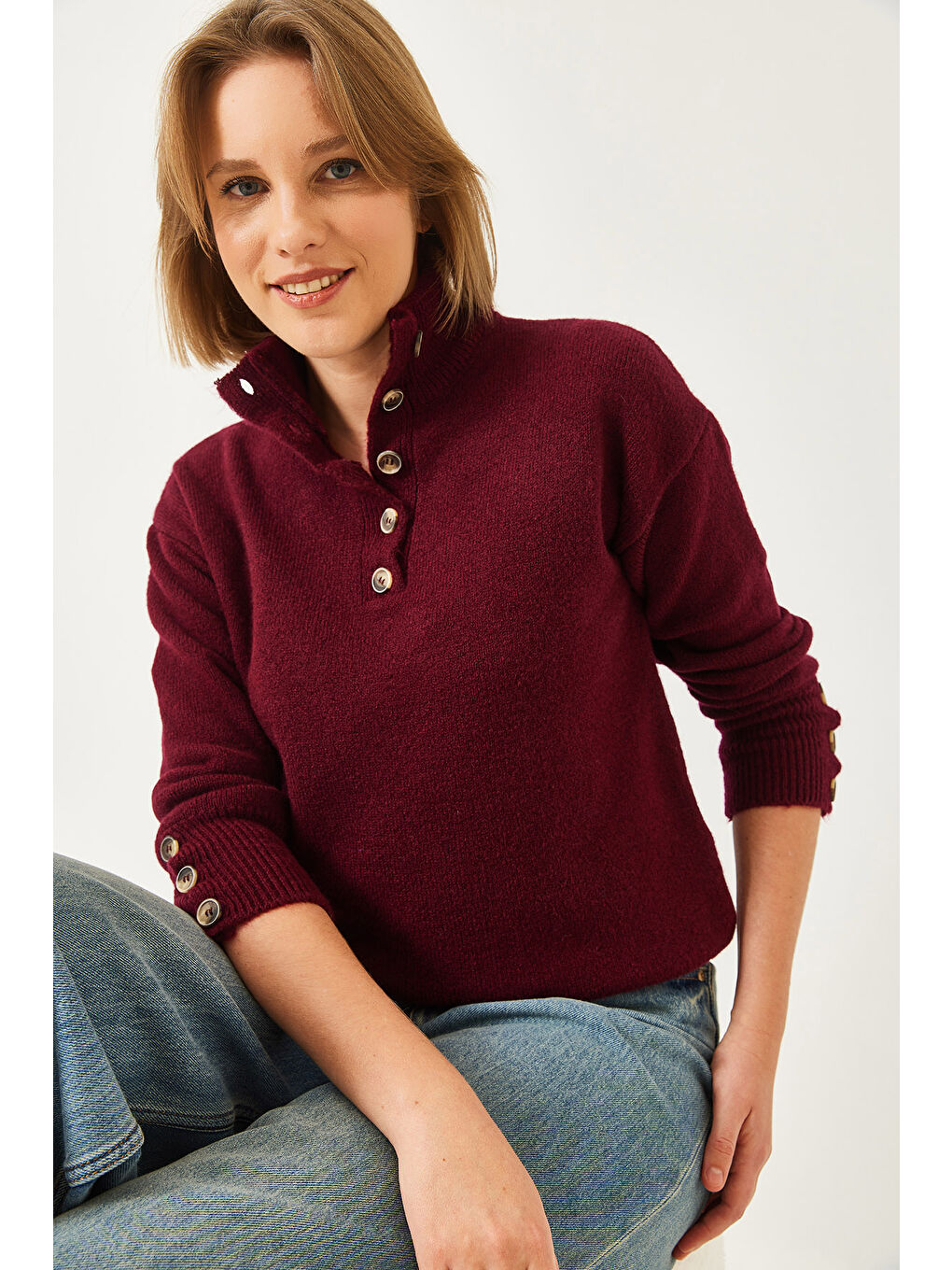 Bordo Kadın Kolu Patlı Triko Kazak-3