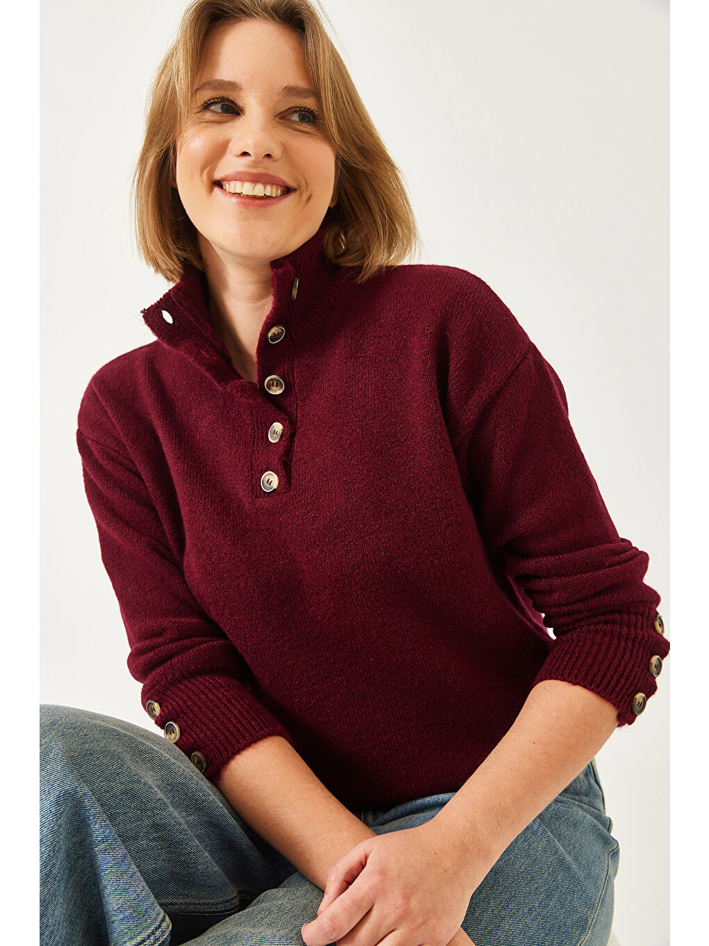 Bordo Kadın Kolu Patlı Triko Kazak-4