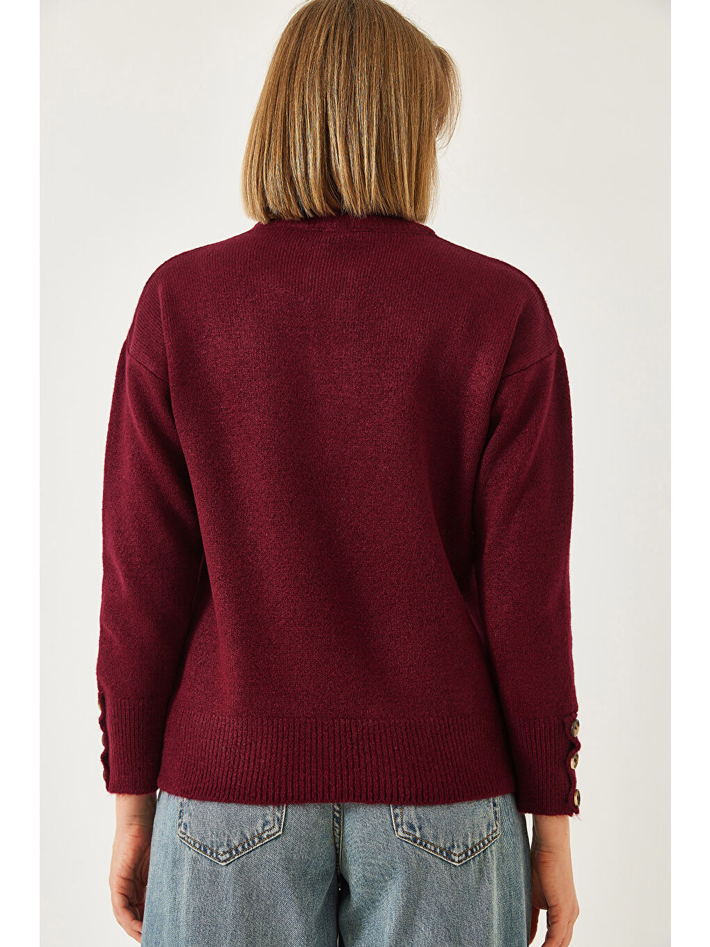 Bordo Kadın Kolu Patlı Triko Kazak-5