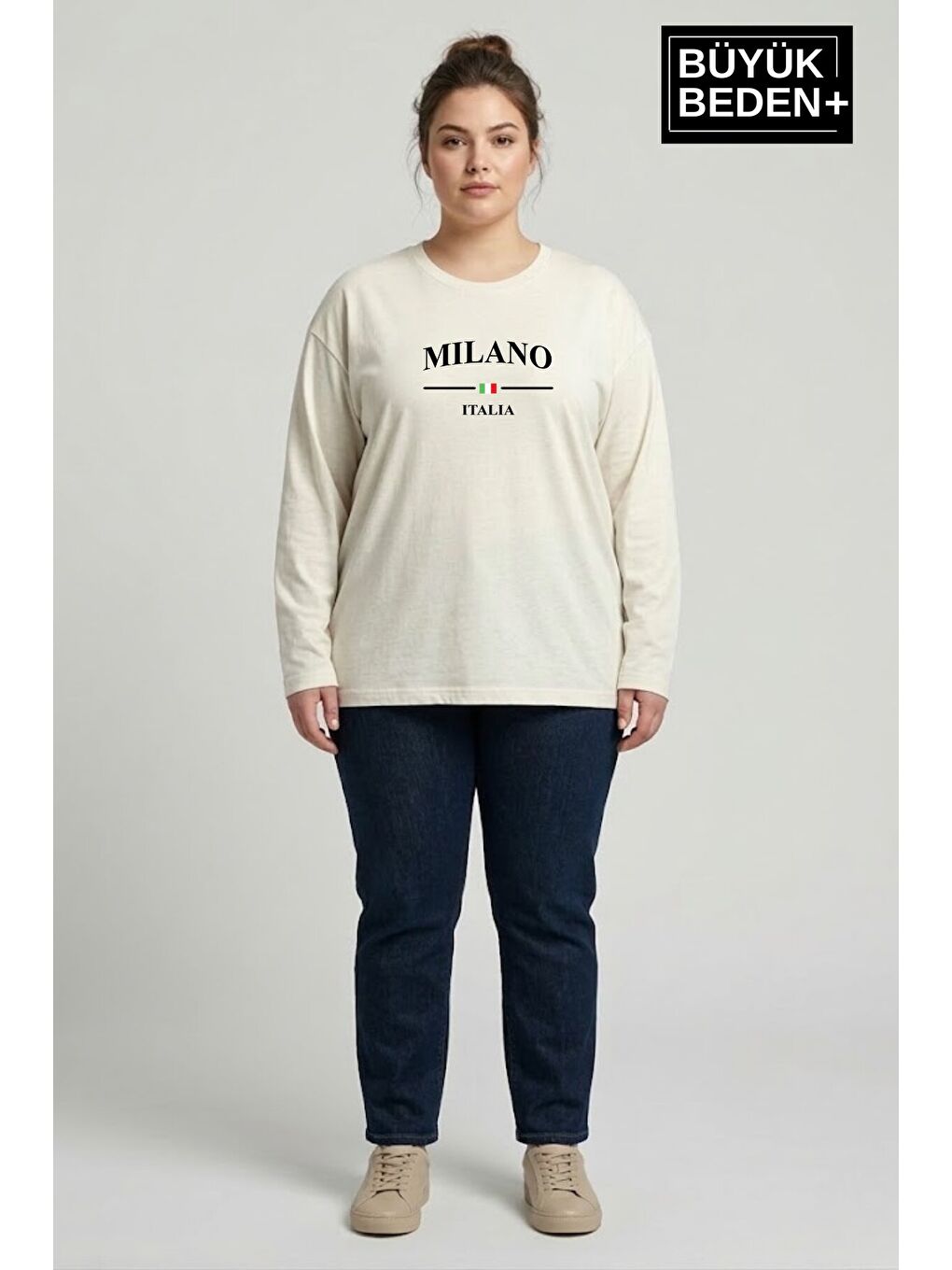 Ekru Kadın Büyük Beden Milano İtalia Baskılı 2 İplik Bisiklet Yaka Tişört SPR26BTSK942-9