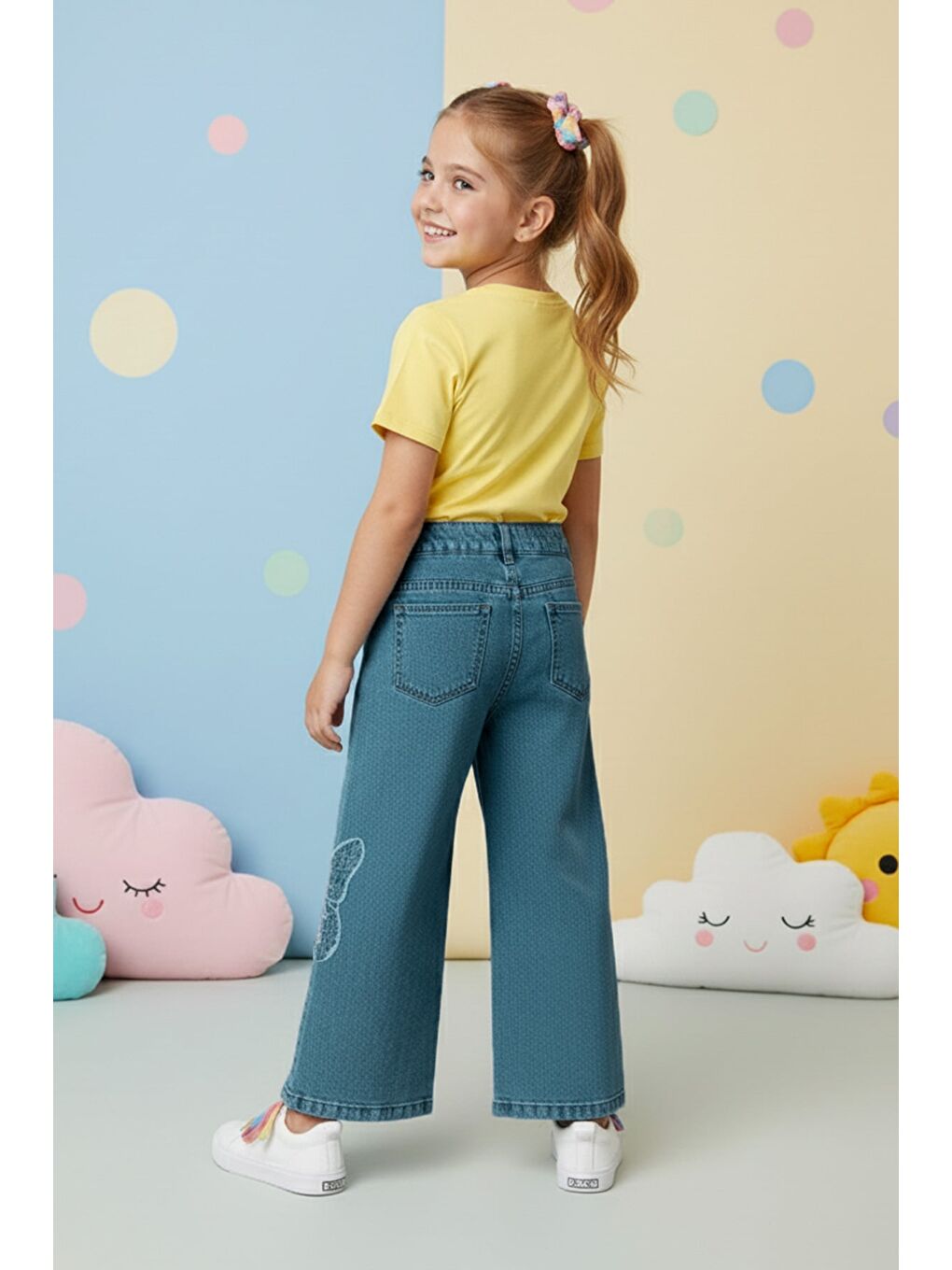 Mavi Yıldız Nakışlı Palazzo Kız Çocuk Pantolon-1