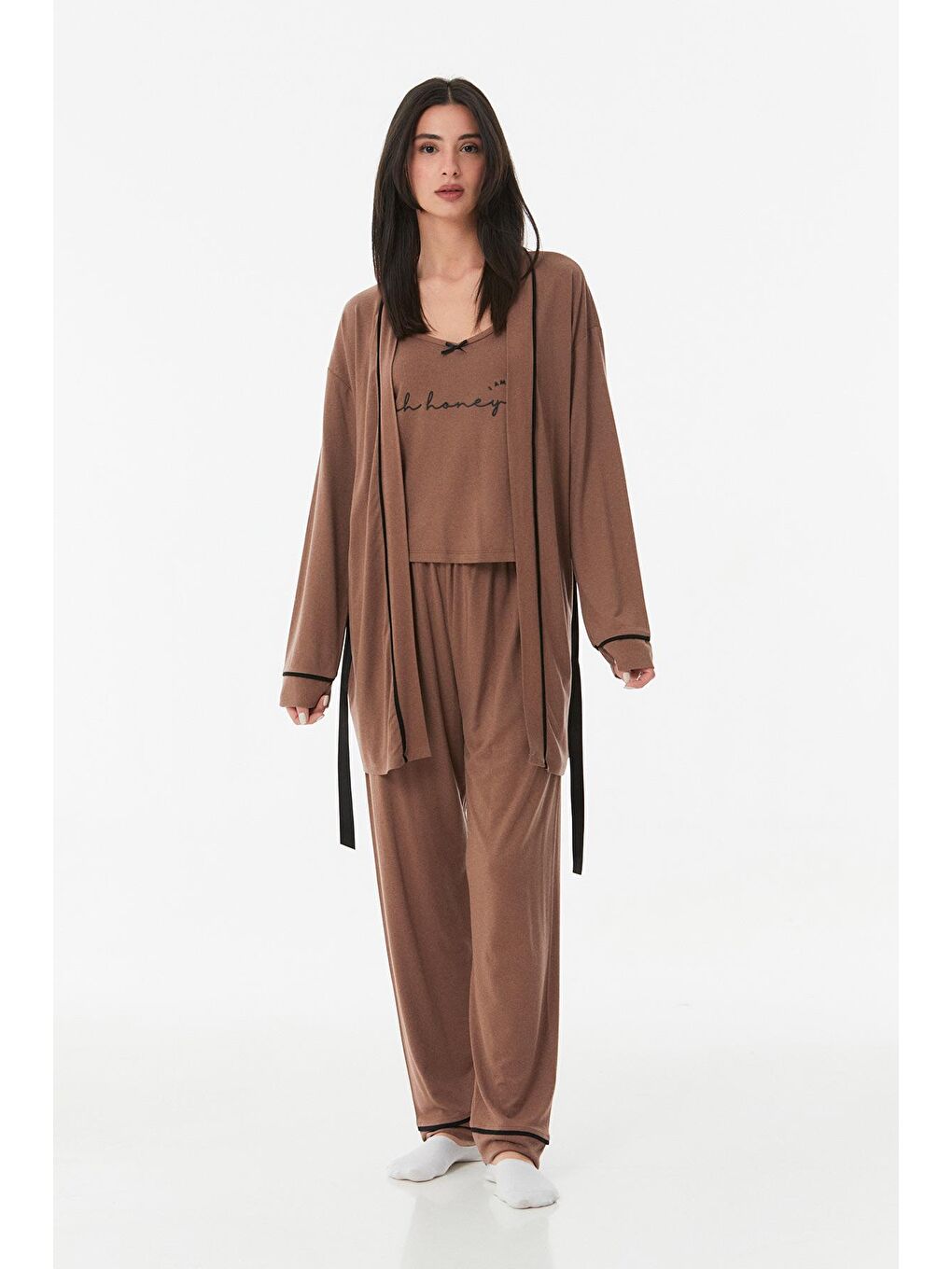 Kahverengi Baskılı 3 Lü Pijama Takımı
