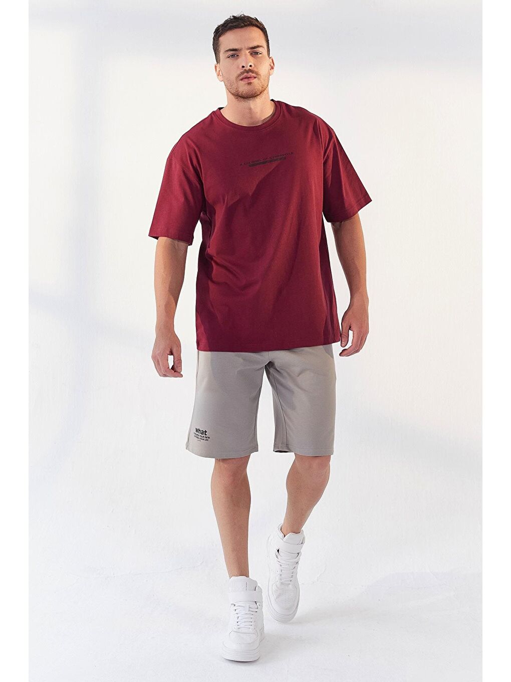 TOMMYLIFE Bordo Erguvan Yazı Baskılı O Yaka Erkek Oversize T-Shirt - 87984 - 3