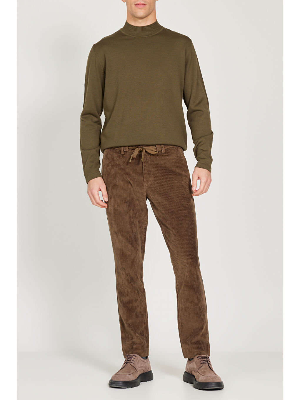 Erkek Haki Slim Fit Dar Kesim Beli Bağlamalı Pantolon-1