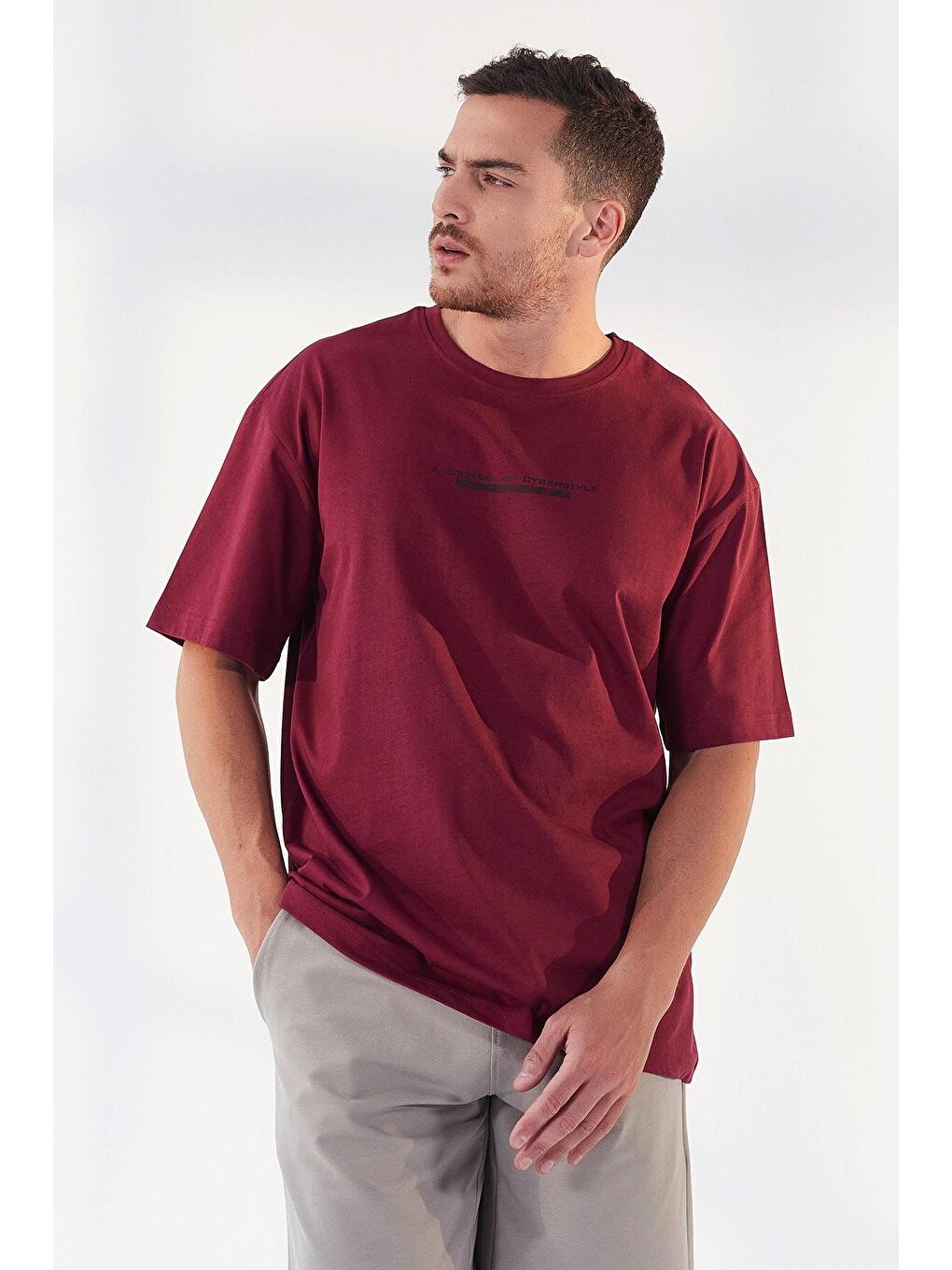 TOMMYLIFE Bordo Erguvan Yazı Baskılı O Yaka Erkek Oversize T-Shirt - 87984 - 4