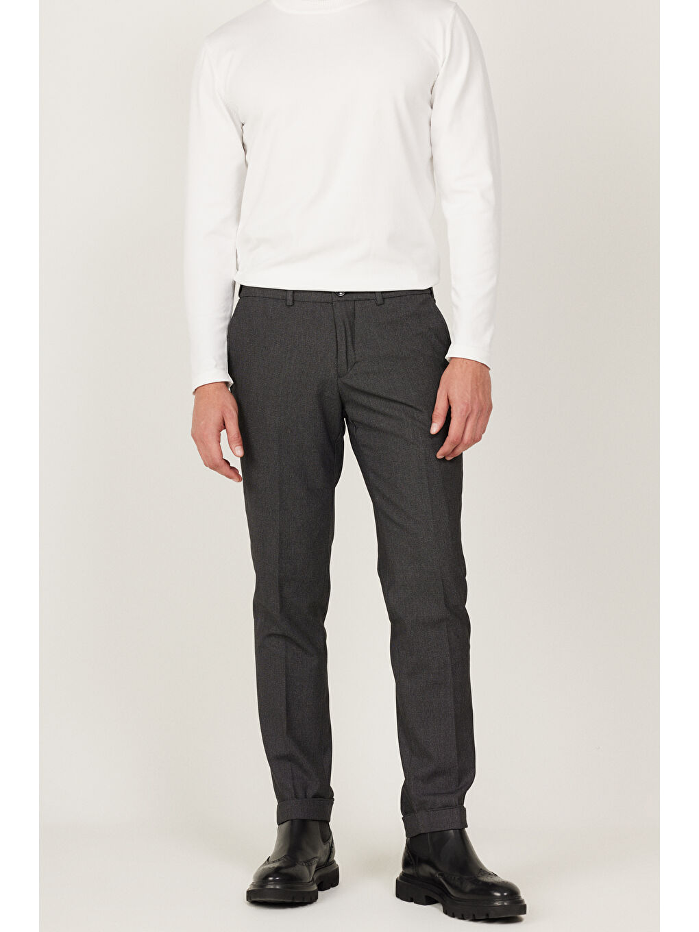 Erkek Antrasit Comfort Fit Rahat Kesim Beli Lastikli Desenli Esnek Pantolon