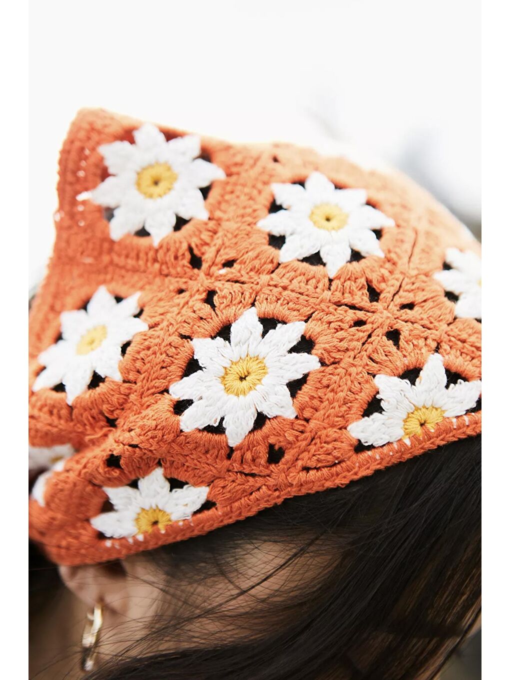 Turuncu Missori Papatya Desenli Tığ Örgüsü Bandana-Saç Bandı-2