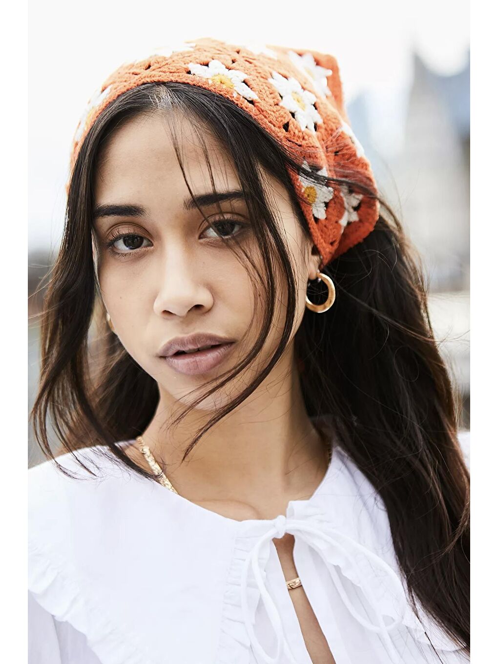 Turuncu Missori Papatya Desenli Tığ Örgüsü Bandana-Saç Bandı-3