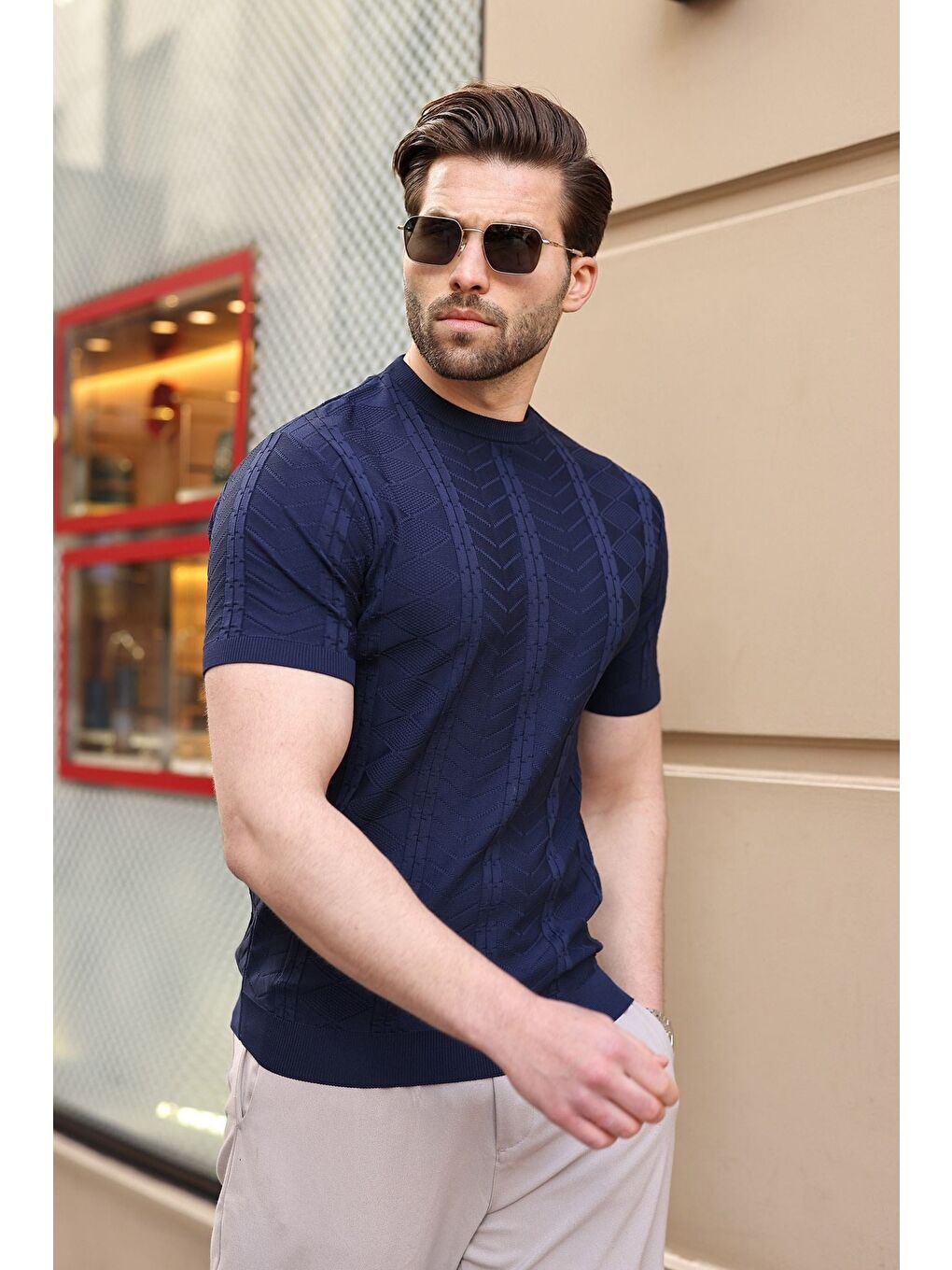 Lacivert Bisiklet Yaka Slim Fit Triko Erkek Tişört E7466-1