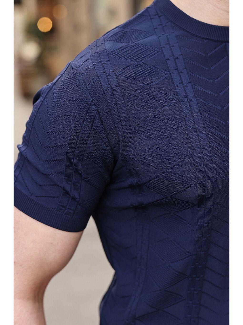 Lacivert Bisiklet Yaka Slim Fit Triko Erkek Tişört E7466-2